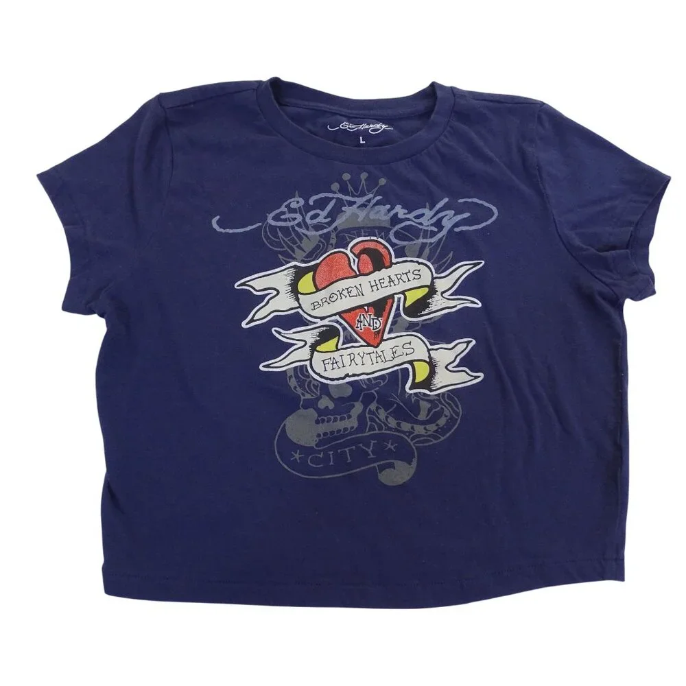 Ed Hardy Graphic Cropped T-shirt Blue Women Size L Y2K Indie Tattoo Art Grunge - Picture 2 of 11
